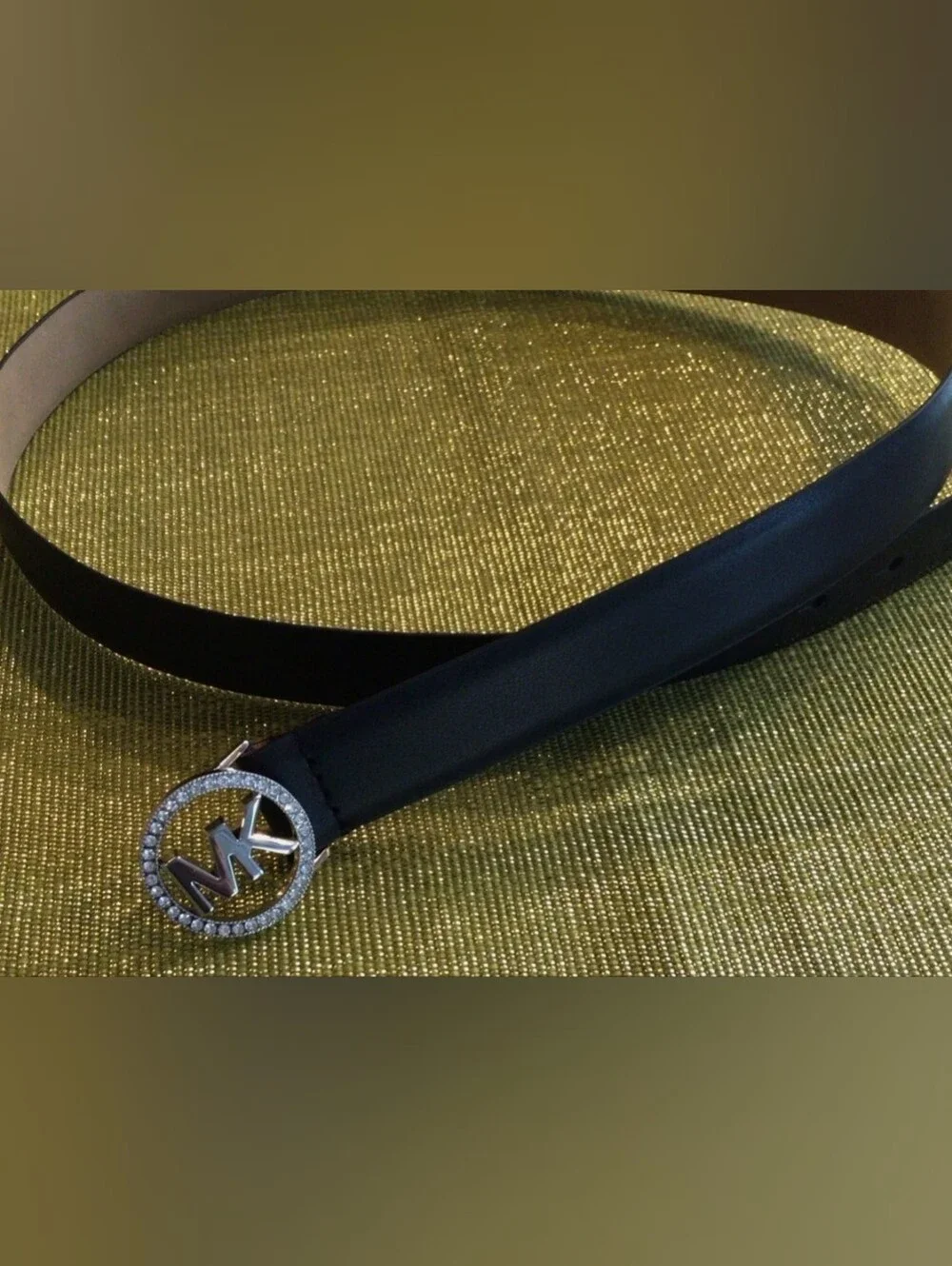 *(Ew)Michael Kors Black Leather Belt with Silver MK Crystal Buckle